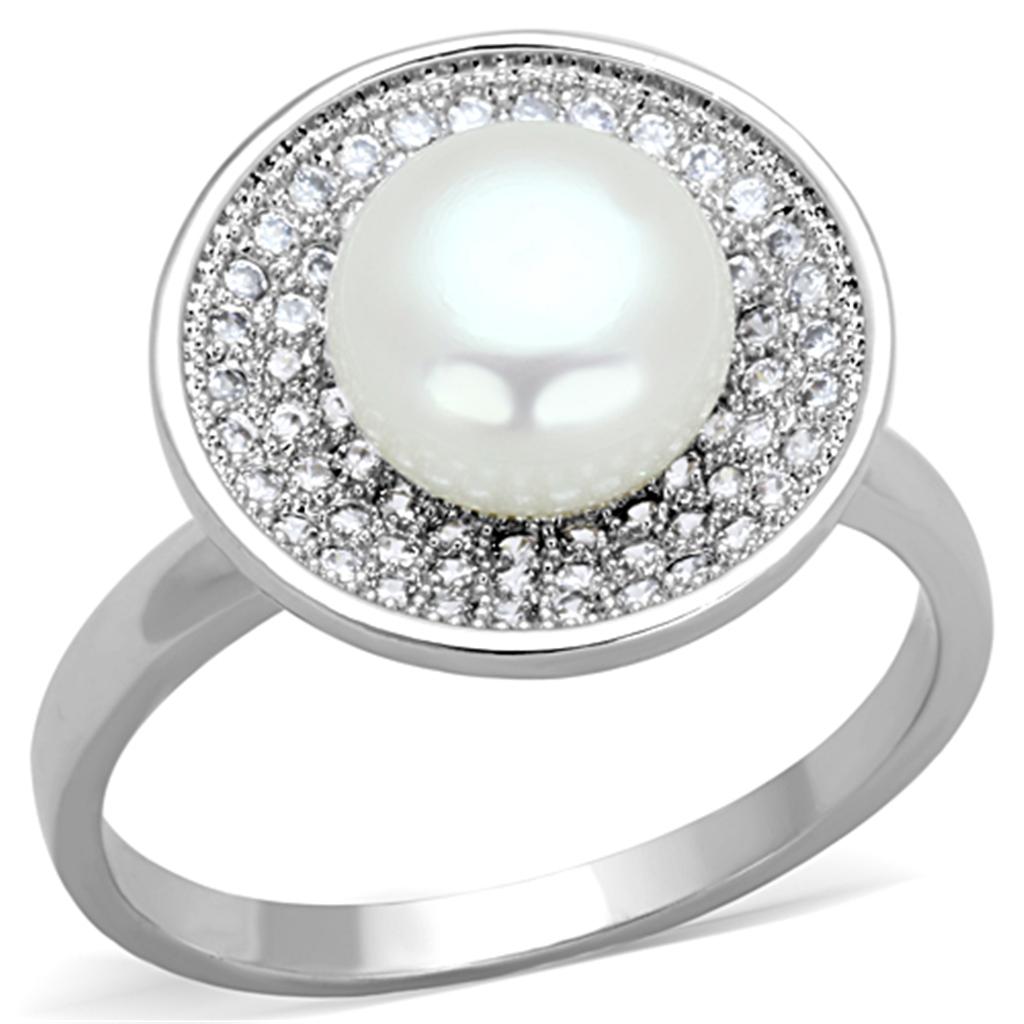 JCE755 Rhodium Brass Ring with Synthetic Pearl in White