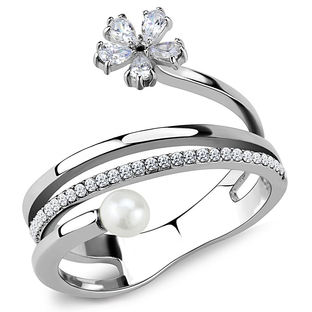 JCE059 High polished (no plating) Stainless Steel Ring with Synthetic Pearl in White