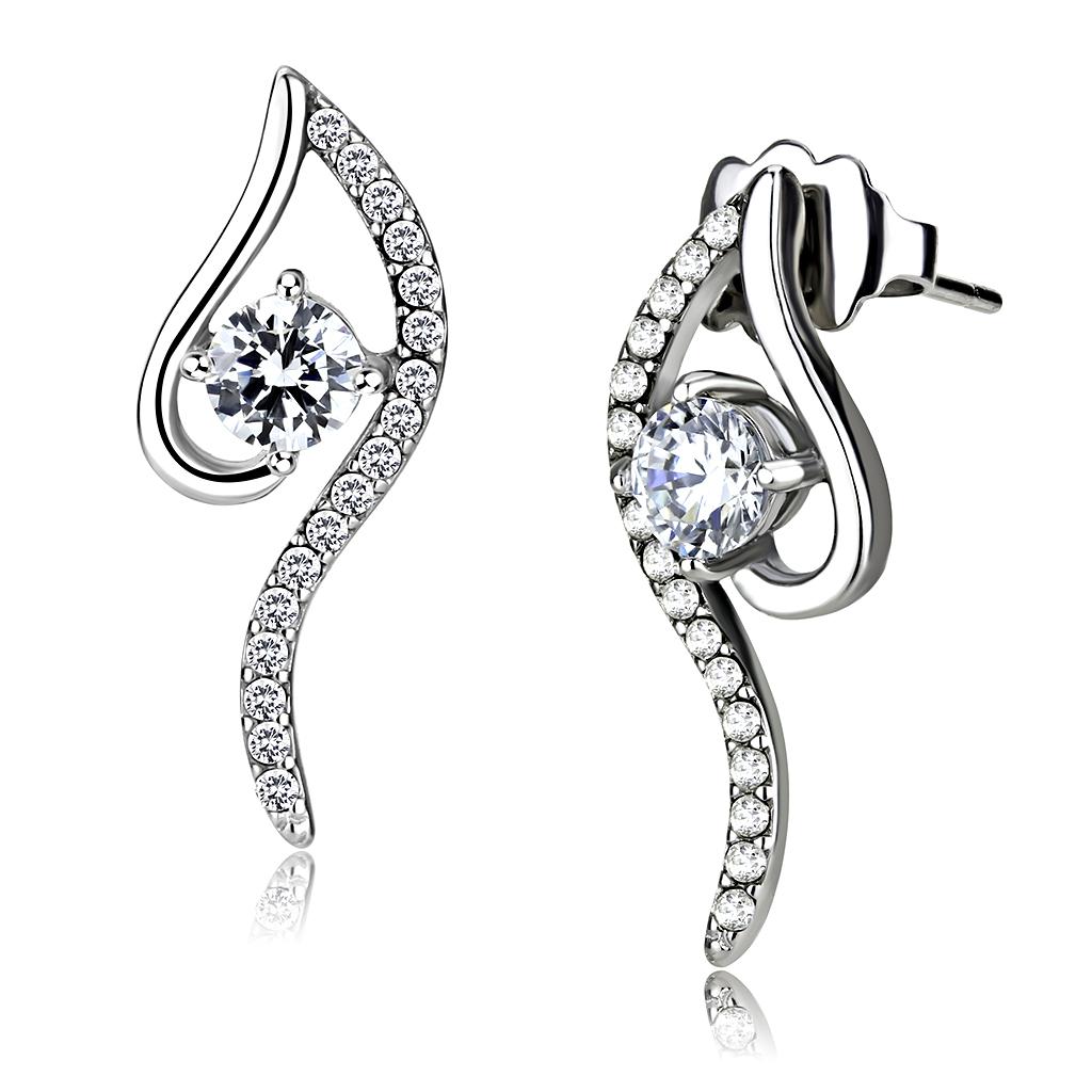 JCE177 High polished (no plating) Stainless Steel Earrings with AAA Grade CZ  in Clear