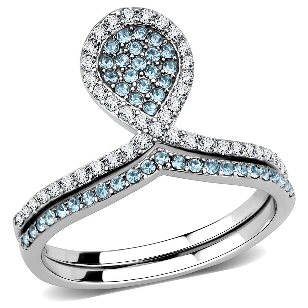 JCE268 High polished (no plating) Stainless Steel Ring with AAA Grade CZ  in Sea Blue