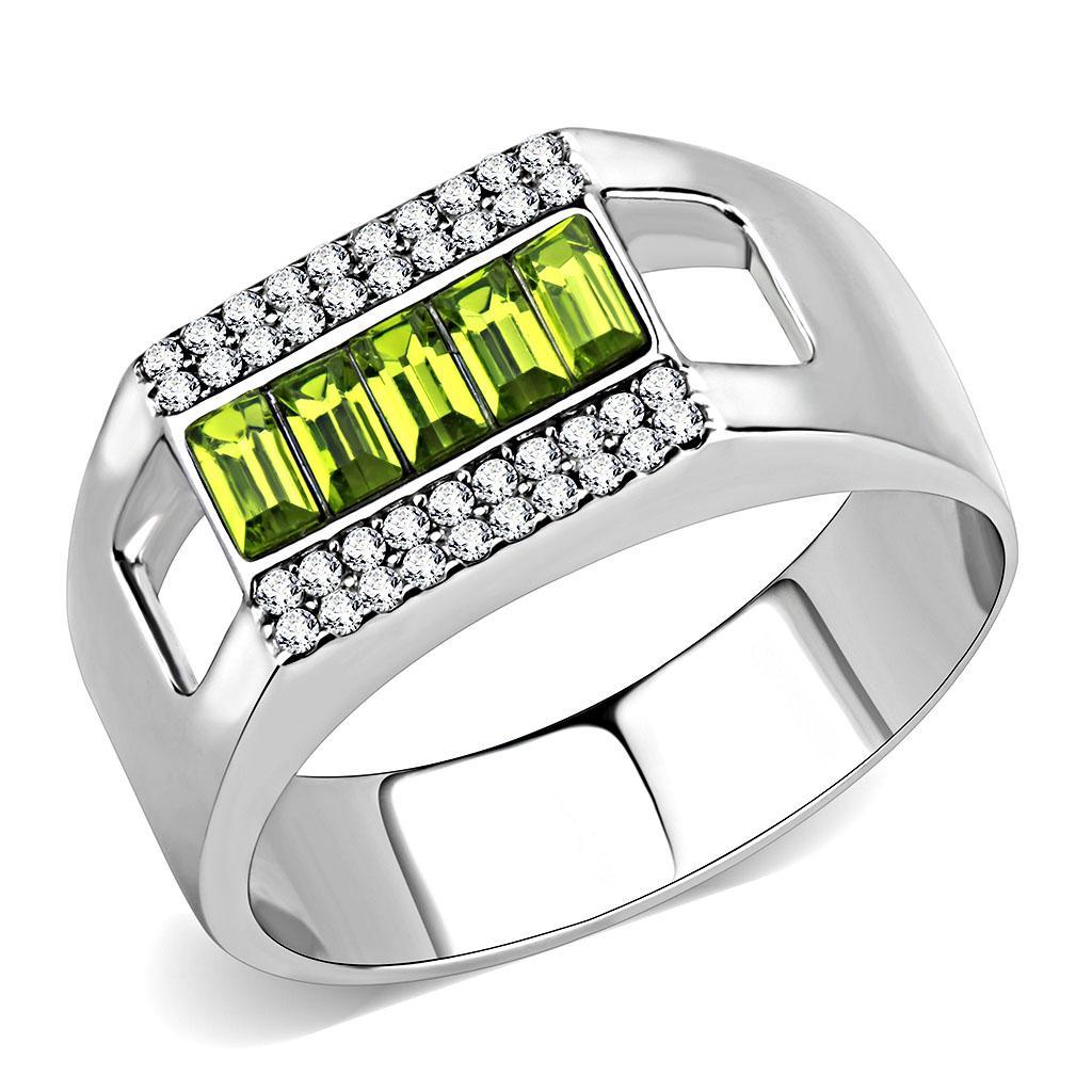 JCE289 High polished (no plating) Stainless Steel Ring with Top Grade Crystal  in Olivine color