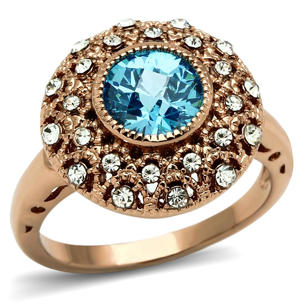 JCE3535 Rose Gold Brass Ring with AAA Grade CZ  in Sea Blue