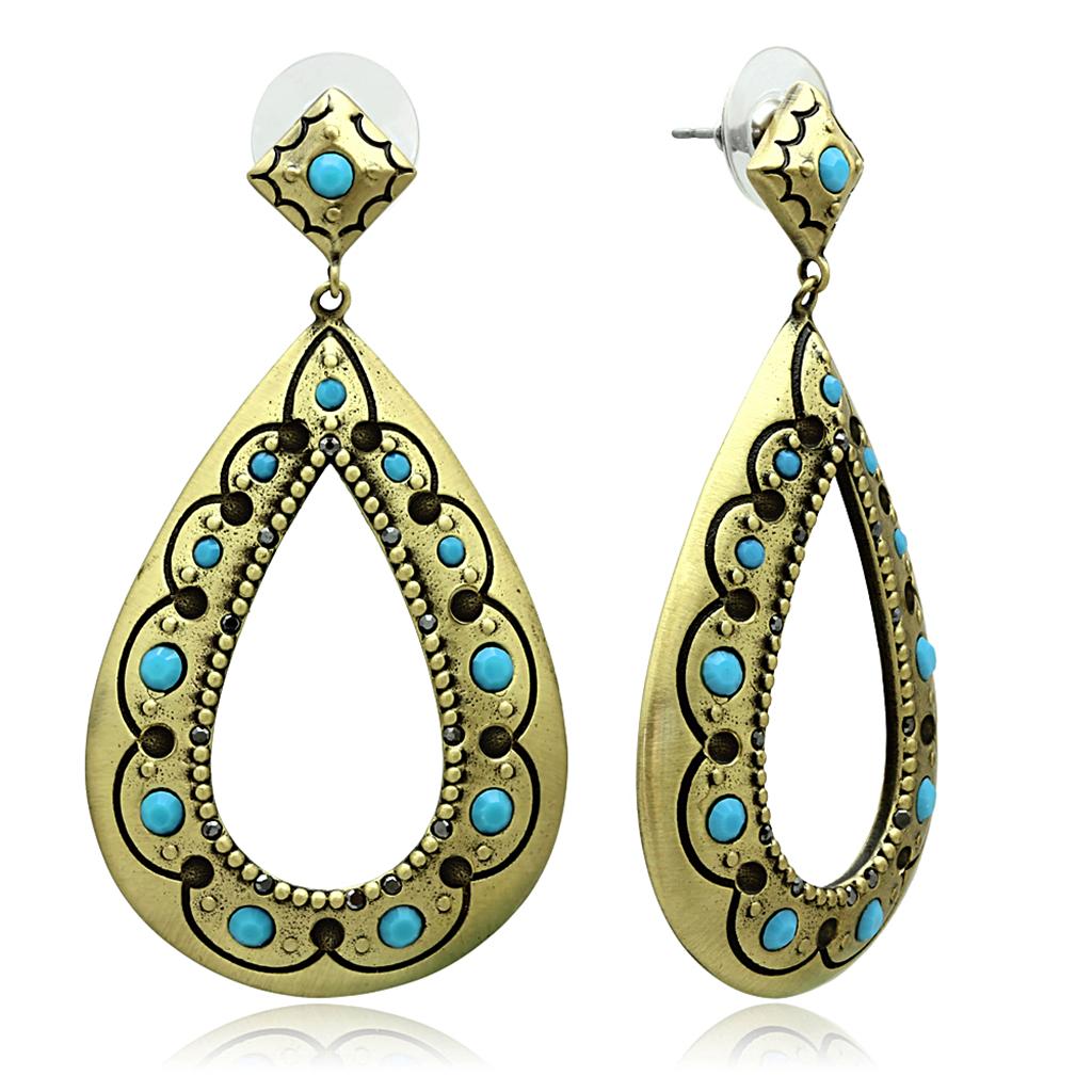 JCE3850 Antique Copper Brass Earrings with Top Grade Crystal  in Turquoise
