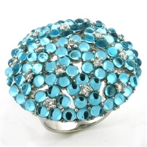 JCEA740 Rhodium Brass Ring with Synthetic Imitation Amber  in Sea Blue
