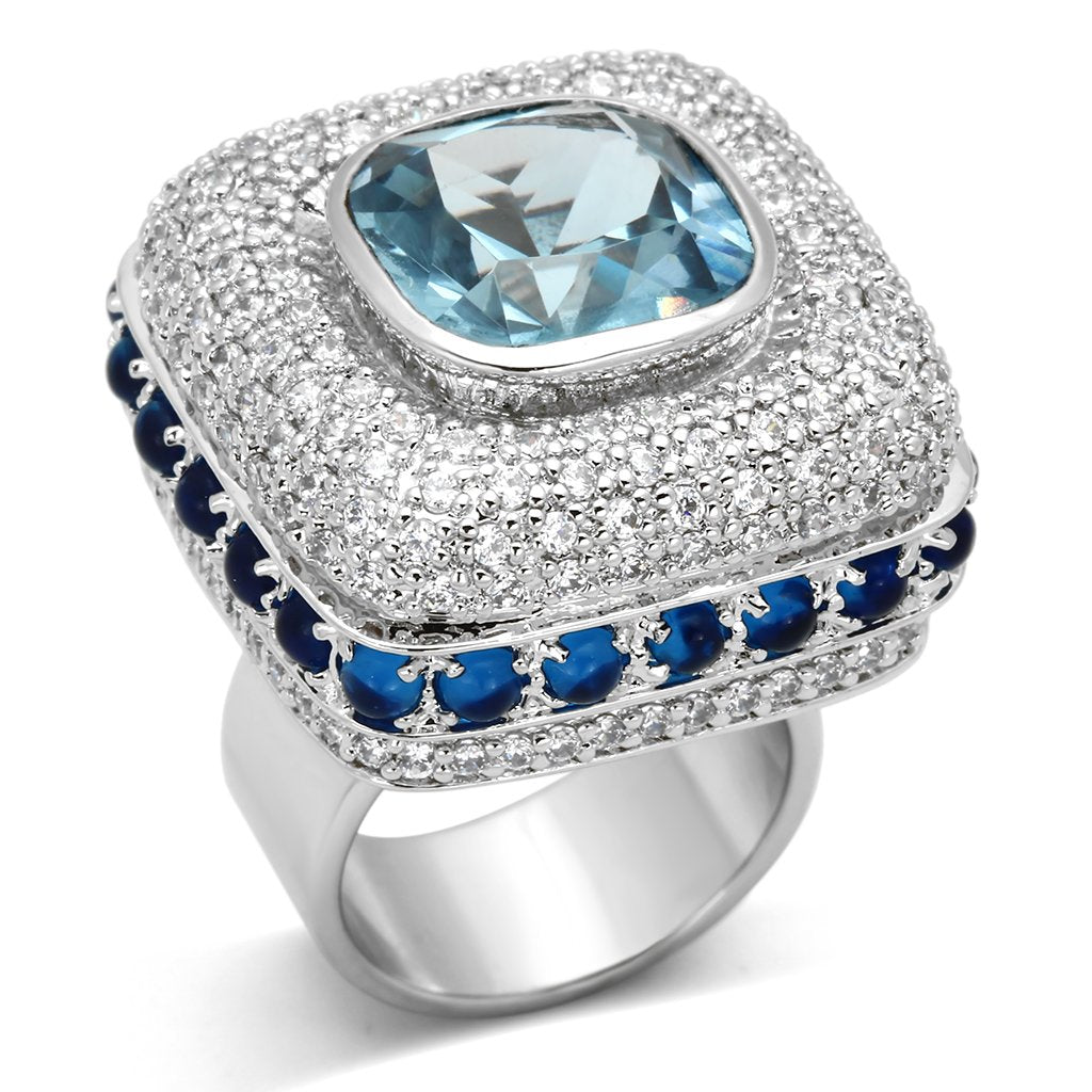 JCEA861 Rhodium Brass Ring with Synthetic Spinel in London Blue