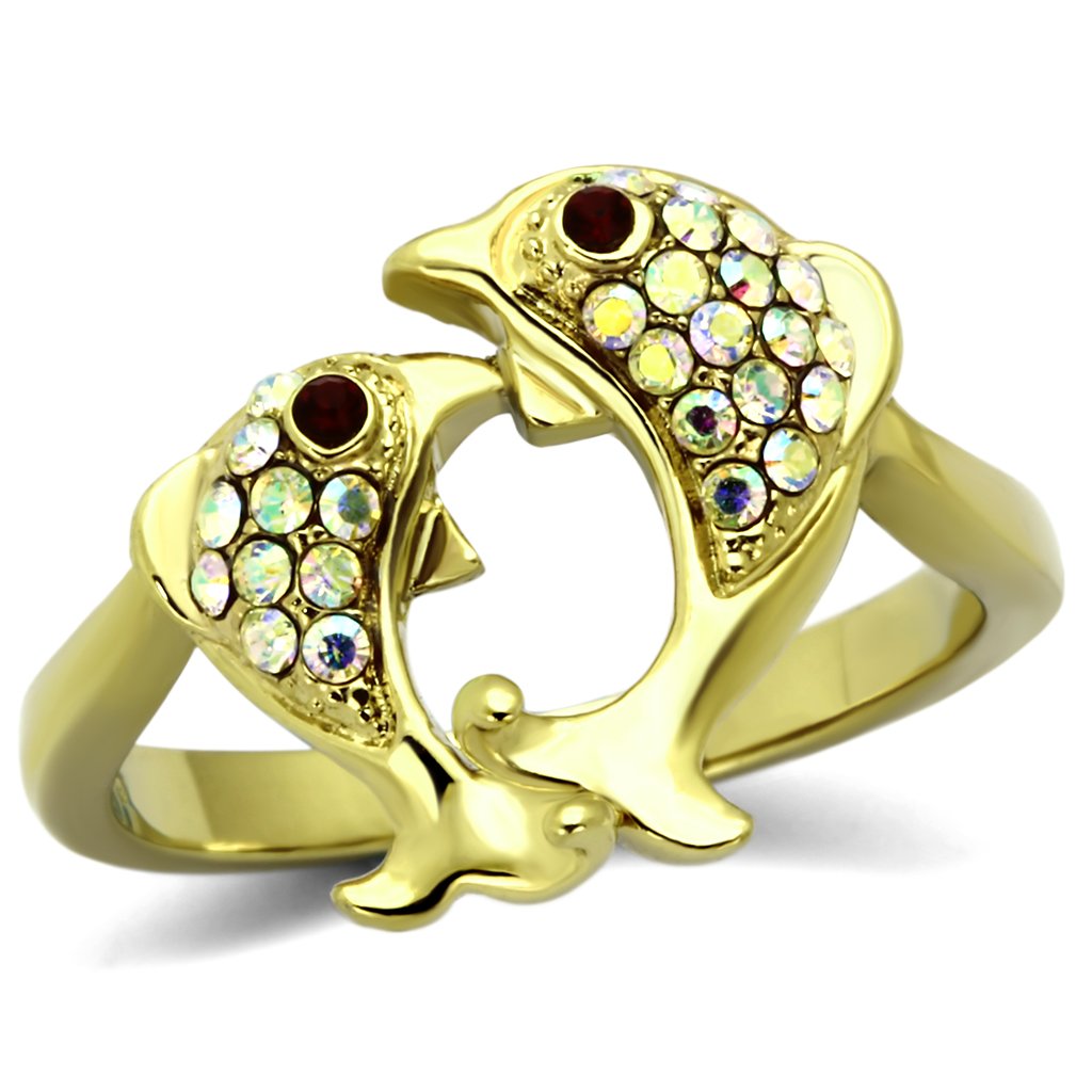 JCE1023 IP Gold(Ion Plating) Stainless Steel Ring with Top Grade Crystal  in Multi Color
