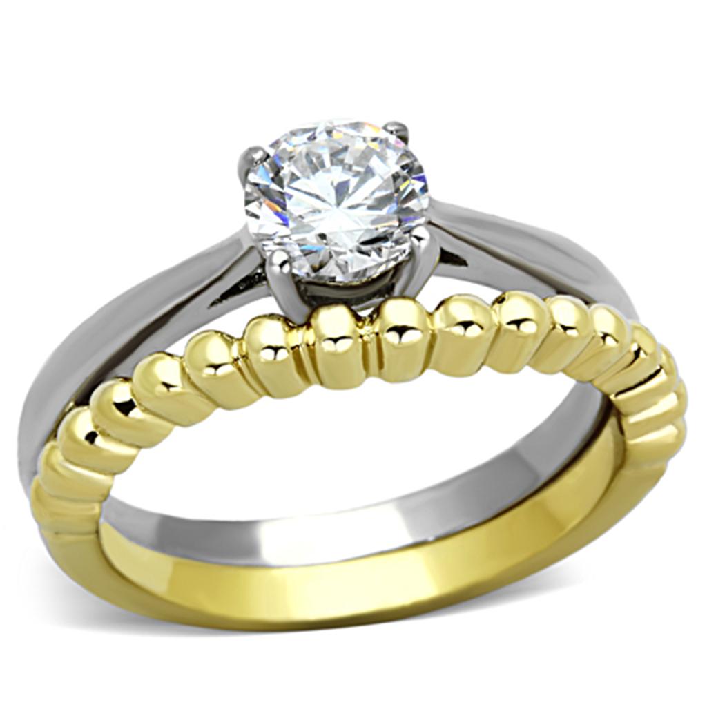 JCE1093 Two-Tone IP Gold (Ion Plating) Stainless Steel Ring with AAA Grade CZ  in Clear