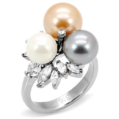 JCE114 High polished (no plating) Stainless Steel Ring with Synthetic Pearl in Multi Color