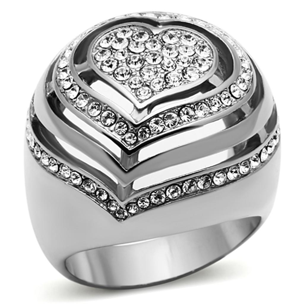JCE1141 High polished (no plating) Stainless Steel Ring with Top Grade Crystal  in Clear