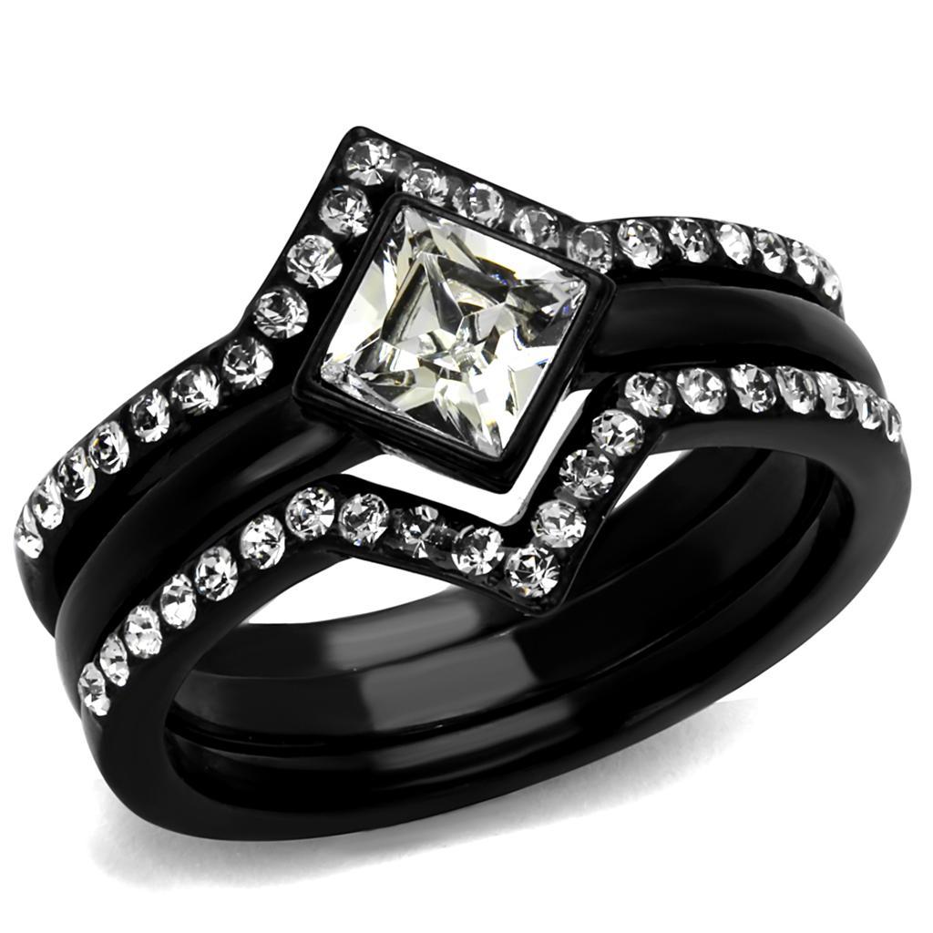 JCE2185 IP Black(Ion Plating) Stainless Steel Ring with Top Grade Crystal  in Clear