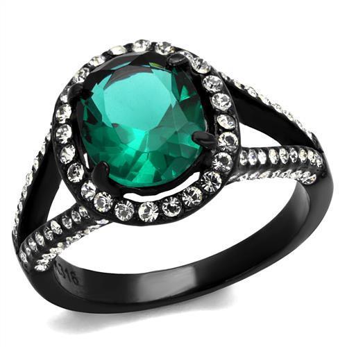 JCE2202 IP Black(Ion Plating) Stainless Steel Ring with Synthetic Synthetic Glass in Blue Zircon