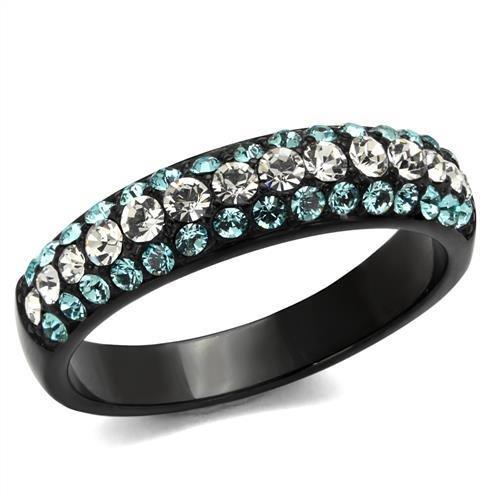 JCE2205 IP Black(Ion Plating) Stainless Steel Ring with Top Grade Crystal  in Sea Blue