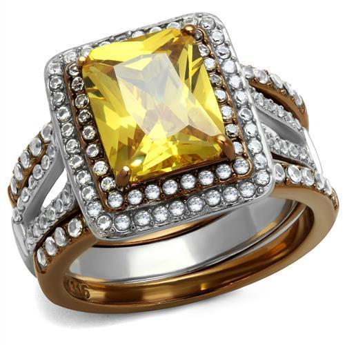 JCE2962 Two Tone IP Light Brown (IP Light coffee) Stainless Steel Ring with AAA Grade CZ  in Topaz
