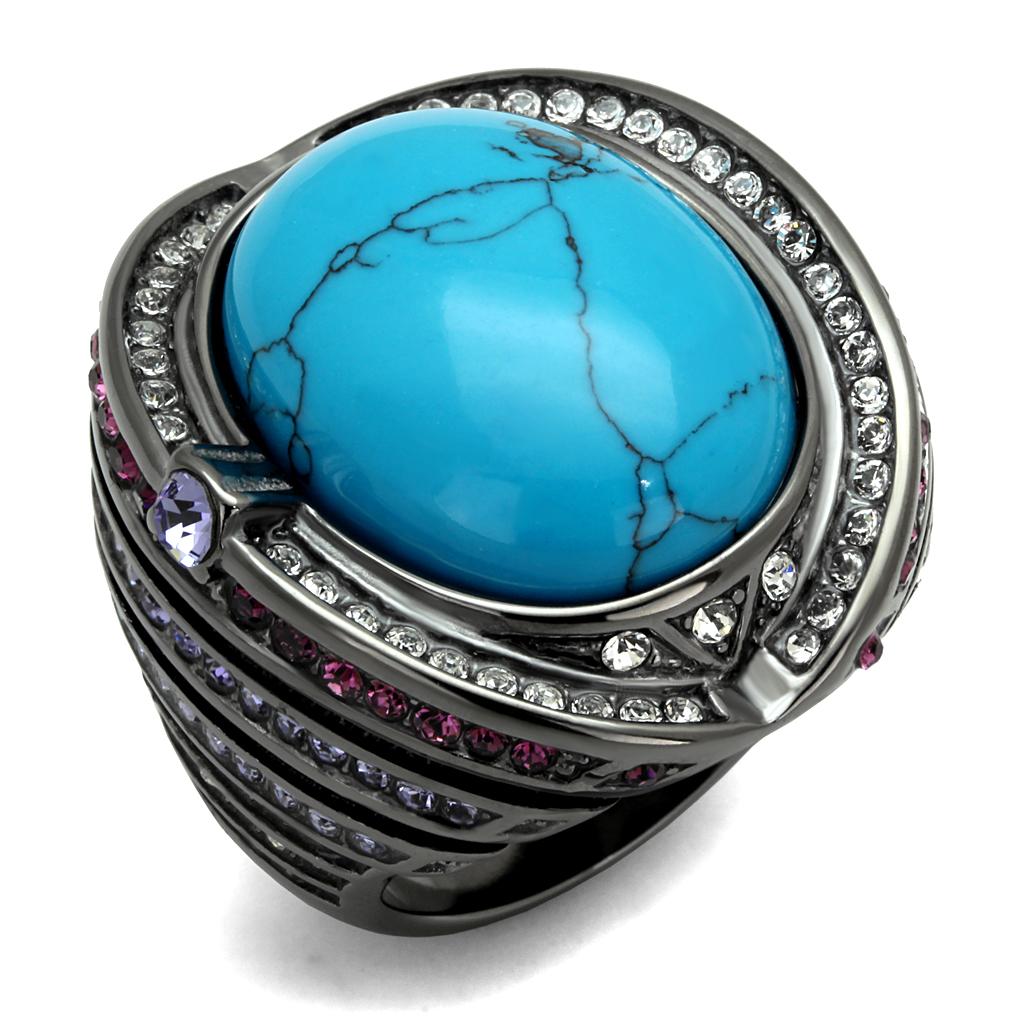 JCE2983 IP Light Black  (IP Gun) Stainless Steel Ring with Synthetic Turquoise in Sea Blue