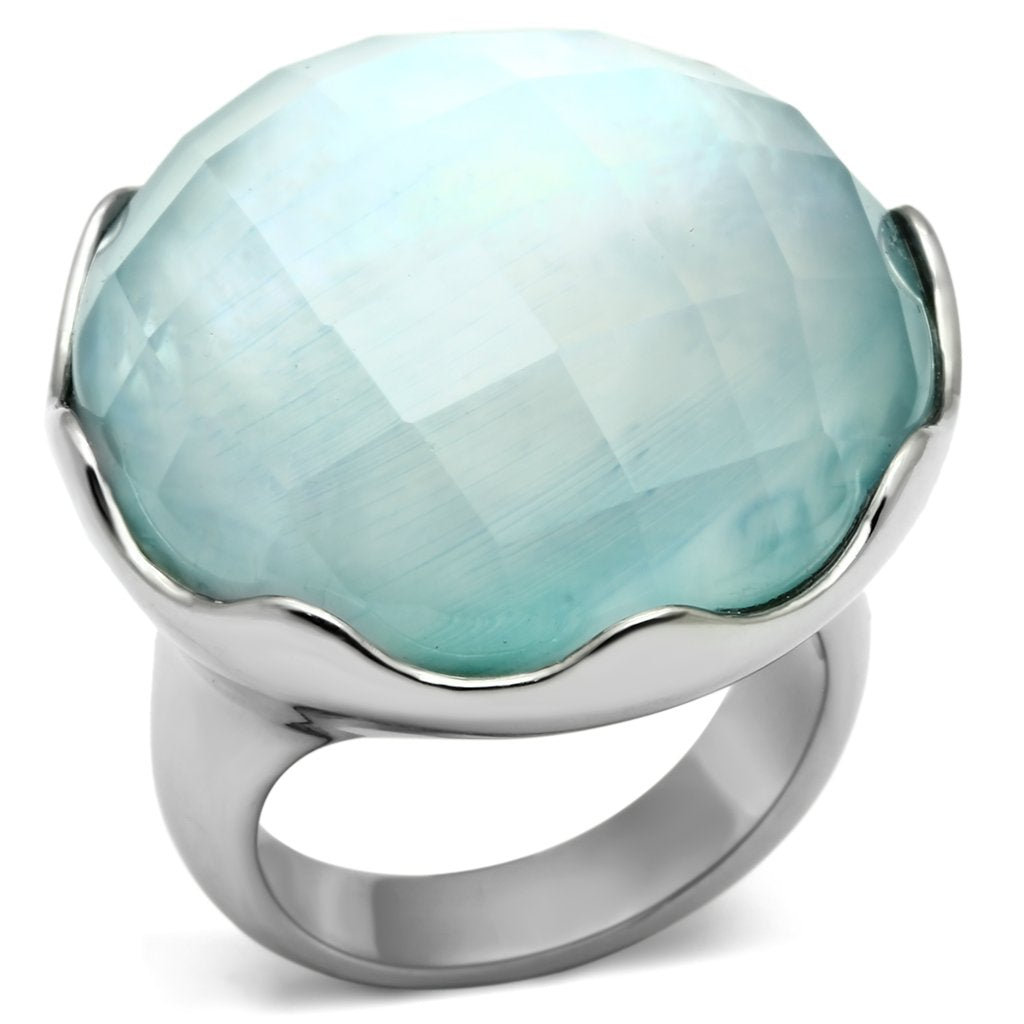 JCE637 High polished (no plating) Stainless Steel Ring with Synthetic Synthetic Glass in Sea Blue